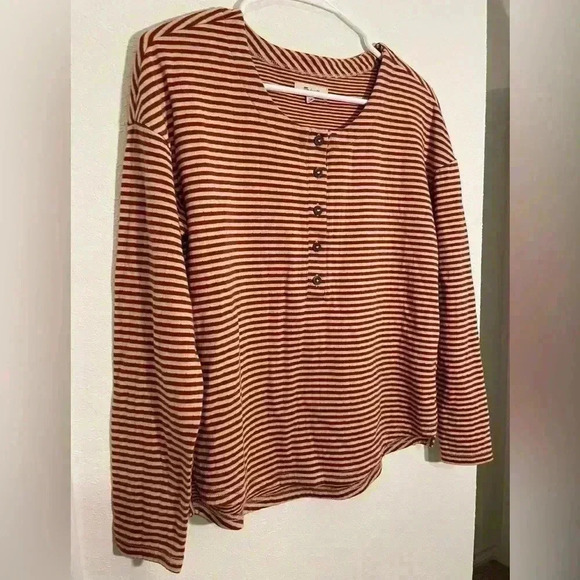 MADEWELL DUSTY REDWOOD LONG SLEEVE DOUBLE-FACED STRIPED HENLEY TEE TOP Size XS - Picture 8 of 10